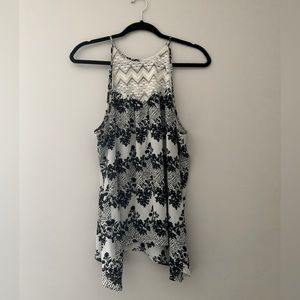 B&W floral patterned halter spaghetti strap top, lace top panel & button neck